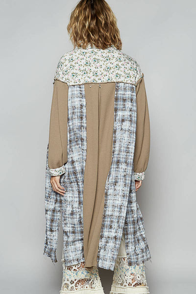Balloon sleeve plaid floral contrast long placket jacket: OLIVE MULTI