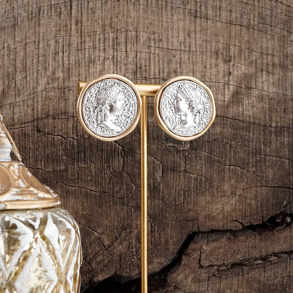 Empire Echo – Coin Stud Statement Earrings: Gold Tone Coin
