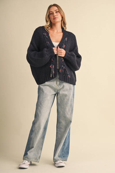 TARTAN PATTERN BRAIDED CHUNKY KNIT CARDIGAN: NAVY