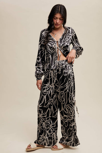 Bold Floral Print Satin Shirt Set