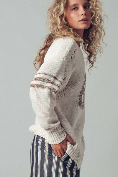 Relaxed Knit Pullover with Varsity Number Detail: Oatmeal