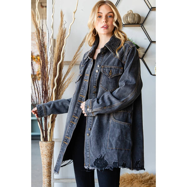 Distressed Denim Western Oversize Jacket: Black Wash