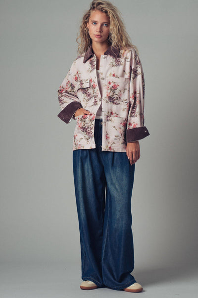 Watercolor Floral Oversized Cotton Utility Jacket: PINK/BROWN