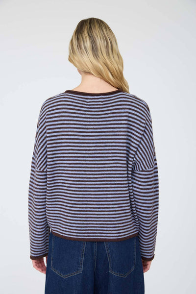 STRIPE RAW EDGE BUTTON DOWN LONG SLEEVE CARDIGAN: DARK BROWN