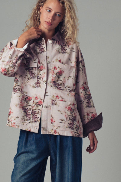 Watercolor Floral Oversized Cotton Utility Jacket: PINK/BROWN