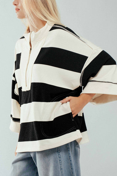 Oversized Half Zip Bold Stripe Statement Pullover Sweatshirt: CREAM BLACK