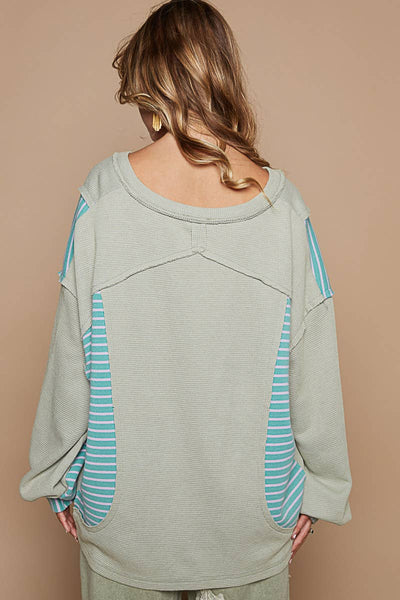 Oversized V Neck Bubble Sleeve knit Top SALE: OLIVE MULTI / M