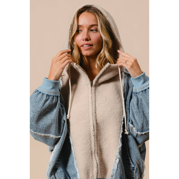 WASHED AND FLEECE MIX AND MATCH ZIP UP HOODIE: DENIM/IVORY