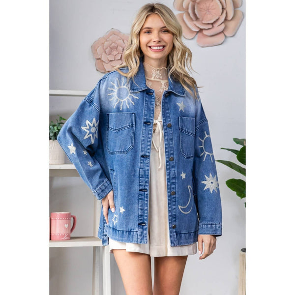 Embroidered Denim Jacket	: Medium Wash