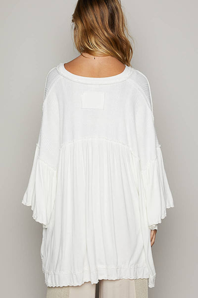 Oversize V-neck quarter sleeve frayed edge knit top