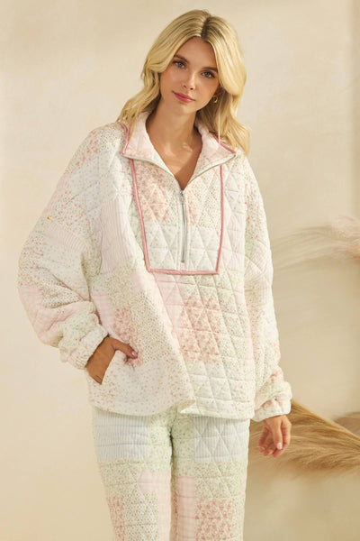 Floral textured quarter zip: Pastel combo