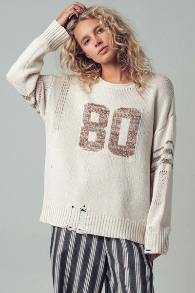Relaxed Knit Pullover with Varsity Number Detail: Oatmeal