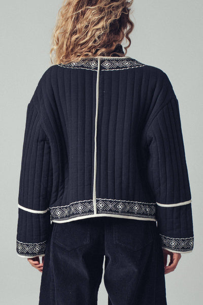 Boho Embroidered Quilted Western Cropped Jacket: BLACK IVORY / S-2/M-2/L-2