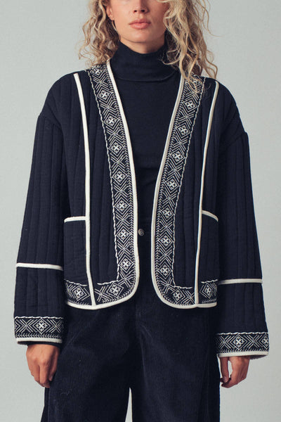 Boho Embroidered Quilted Western Cropped Jacket: BLACK IVORY / S-2/M-2/L-2