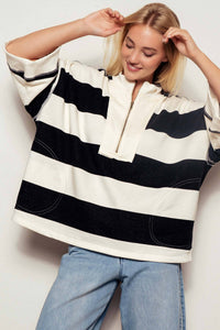 Oversized Half Zip Bold Stripe Statement Pullover Sweatshirt: CREAM BLACK