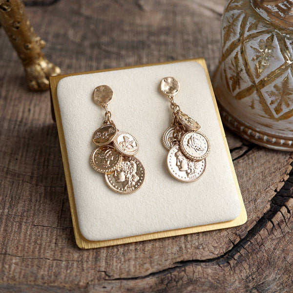 Starlit Relics – Coin Chandelier Statement Earrings: Worn Gold Tone