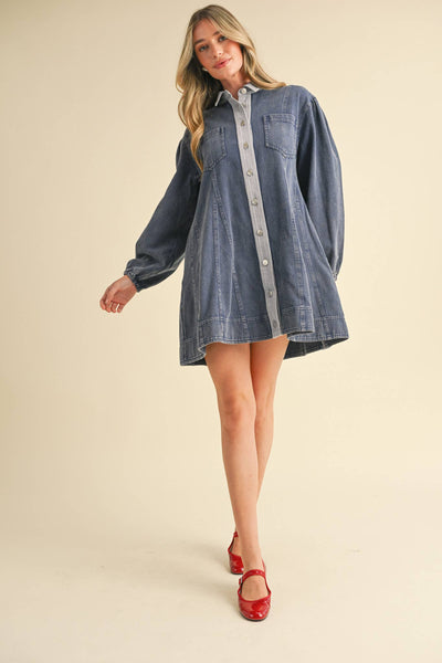 WASHED DENIM BUTTON DOWN FLARED MINI DRESS MDR3385: Indigo