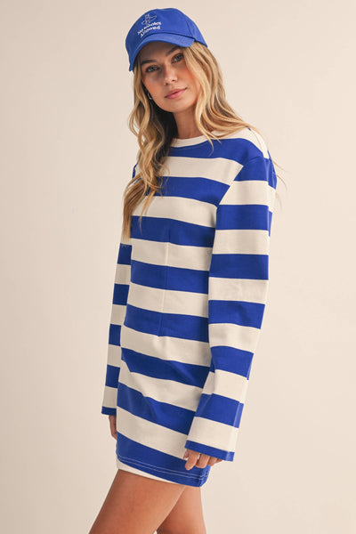 STRIPED LONG BELL SLEEVE MINI DRESS: ROYAL MULTI