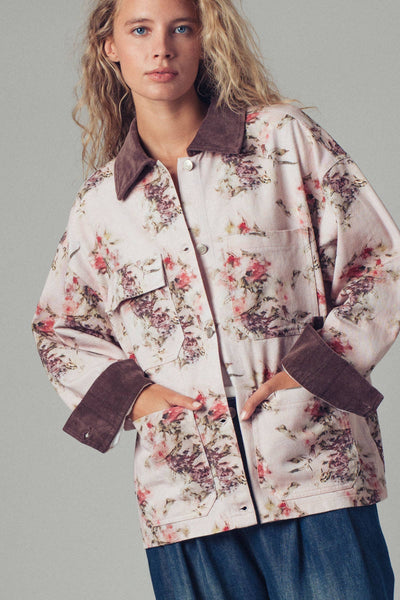 Watercolor Floral Oversized Cotton Utility Jacket: PINK/BROWN