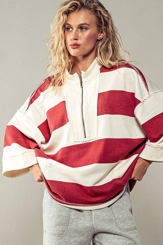 Oversized Half Zip Bold Stripe Statement Pullover Sweatshirt: CREAM BURGUNDY