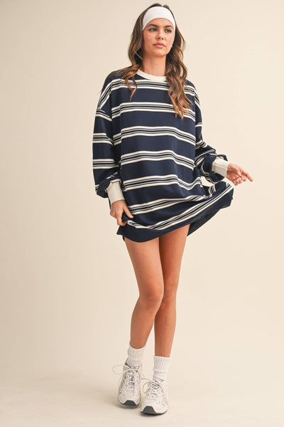 STRIPED LOVE SLEEVE OVERSIZED SWEATSHIRT DRESS: NAVY