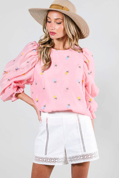 Floral Embroidered Long Puff Organza Blouse Top