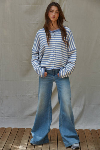 Knit Sweater Striped Buttondown Cardigan Top: Blue Ivory