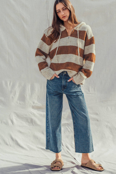 Striped Knit Hoodie – Half Zip, Relaxed Fit: IVORY CAMEL