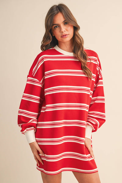 STRIPED LOVE SLEEVE OVERSIZED SWEATSHIRT DRESS: Red
