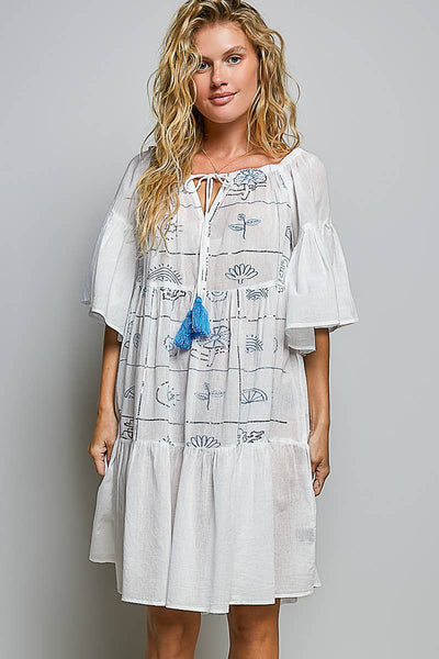Round Neck 1/2 Sleeve Embroidered Cotton Woven Dress