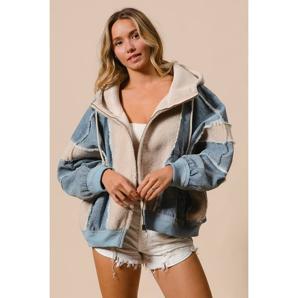 WASHED AND FLEECE MIX AND MATCH ZIP UP HOODIE: DENIM/IVORY