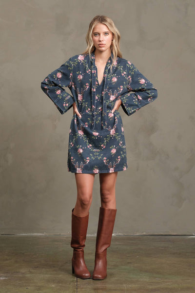 Floral Printed Denim Tunic Mini Dress - RD1201: BLOSSOM BLUE