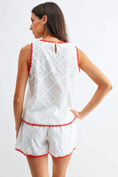 Eyelet Embroidered Shorts Set: WHITE/RED