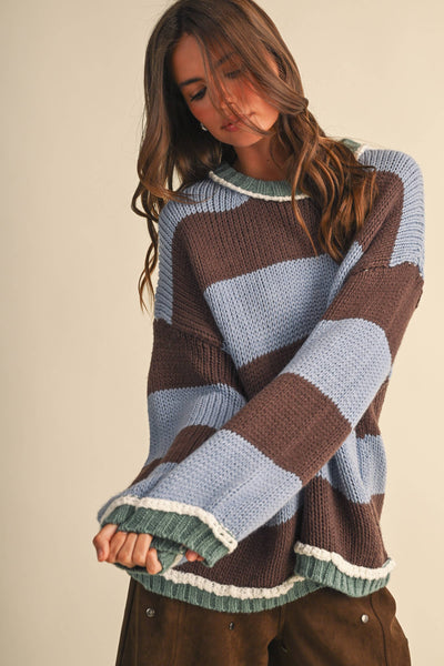 WIDE STRIPED SWEATER TOP: BEIGE MULTI