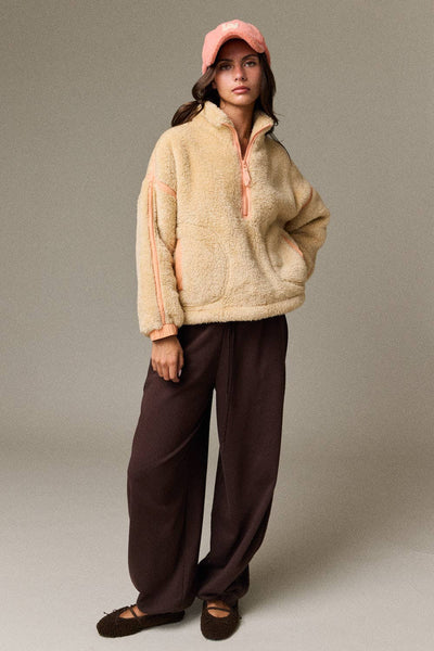 Fluffy Yarn Fleece Zip-Up Jacket: BEIGE/ORANGE