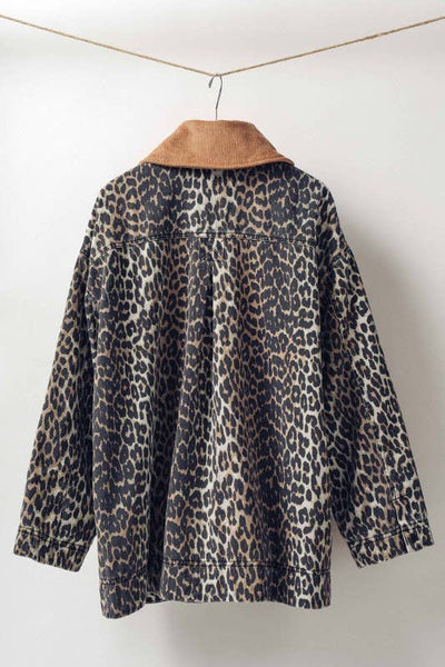 Corduroy Collar Leopard Print Jacket: LEOPARD