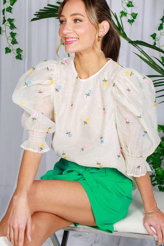 Round Neck Floral Embroidery Organza Blouse Top
