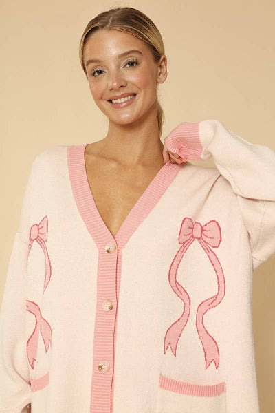 Varsity knit bow cardigan: Pink multi
