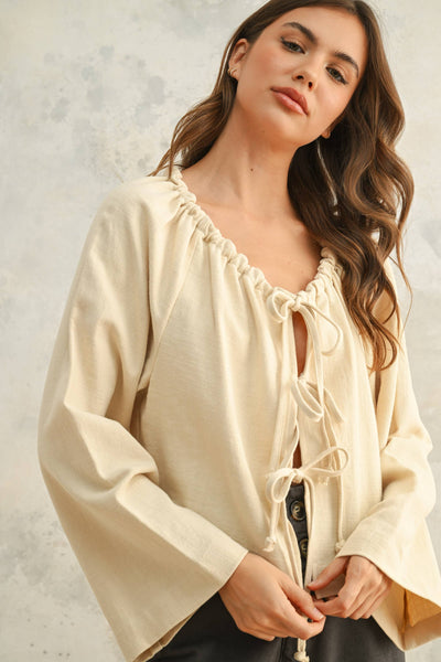 LINEN BLEN TIE FRONT CARDIGAN: Beige