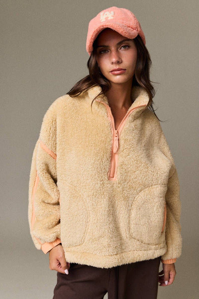 Fluffy Yarn Fleece Zip-Up Jacket: BEIGE/ORANGE