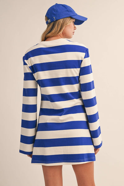 STRIPED LONG BELL SLEEVE MINI DRESS: ROYAL MULTI