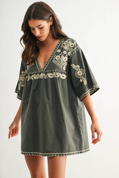 Embroidered Shift Dress with Deep V-Neckline: FOREST GREEN