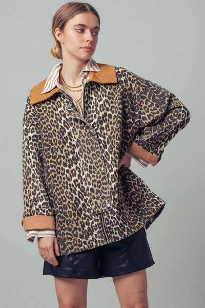 Corduroy Collar Leopard Print Jacket: LEOPARD