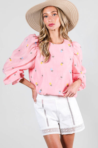 Floral Embroidered Long Puff Organza Blouse Top