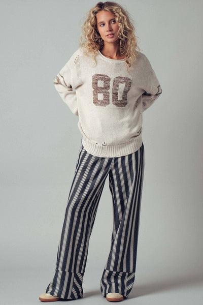 Relaxed Knit Pullover with Varsity Number Detail: Oatmeal