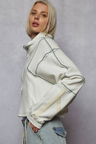 High neck zipper front long sleeve crop top