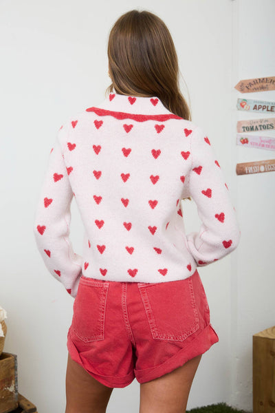 HEART PATTERN SCALLOP COLLAR BUTTON DOWN CARDIGAN: CREAM