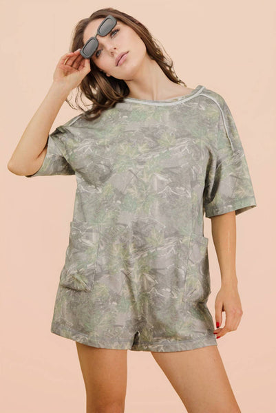 Camo Print Knit Casual Romper: OLIVE MIX
