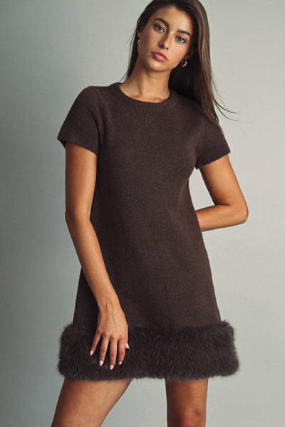 COZY FAUX-FUR TRIMMED  MINI DRESS: BROWN