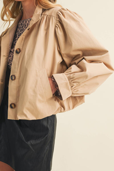 Funnel-Neck Puff-Sleeve Blouson Jacket: DK.BEIGE / L